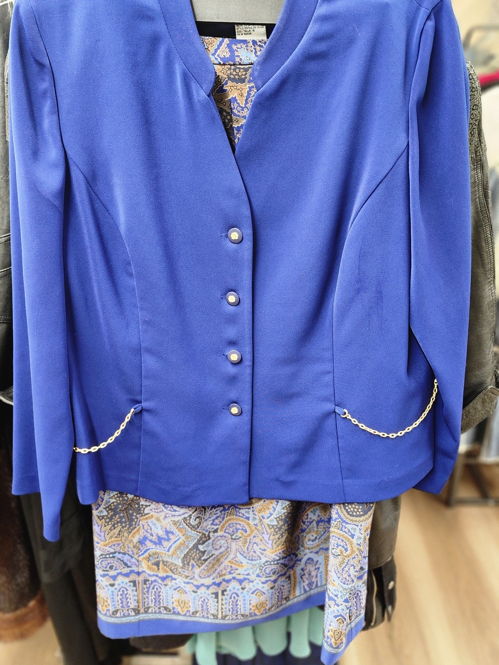 Women's Cobalt Blue Tailored Blazer with Gold Chain Accents and Matching Skirt
